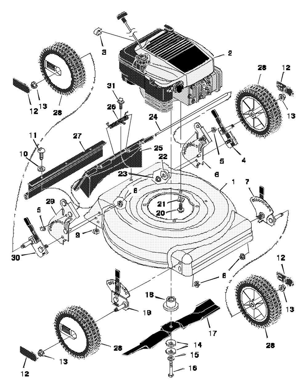 Mower Housing Assembly Diagram and Parts List for 20405A 1997 Briggs and Stratton Lawn Mower